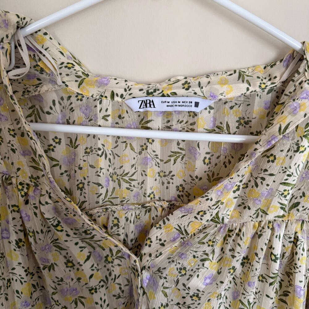 ZARA Preppy Summer Blouse Floral V-Neck Collared Balloon Sleeve Pleated Top - Picture 7 of 15